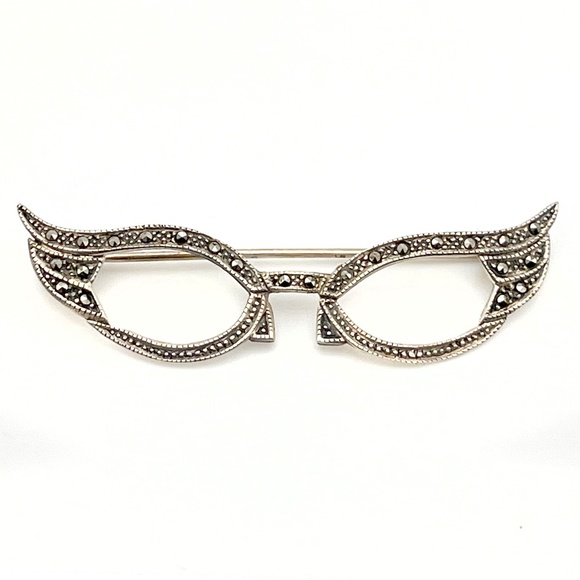 Antique Sterling Silver/Marcacite Cat Eye Glasses Brooch/Pin Stamp - Main Image